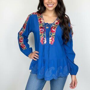 DESPI Blue Floral Embroidered Eyelet Tunic Blouse Lace Up Boho Resort L